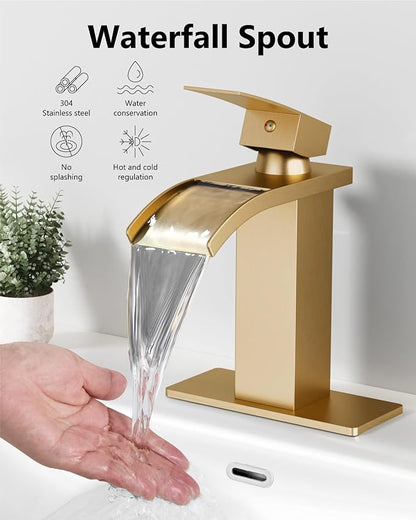 Waterfall Bathroom Faucet 1 Hole, Single Hole Bathroom Faucet, Single Handle Vanity Sink Faucet with Deck Plate, Pop-up Drain & Supply Lines, Gold
