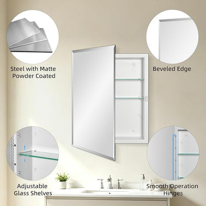 IDYLLOR Bathroom Medicine Cabinet with Beveled Edge Mirrored Door 16 x 20 inch, Recessed or Surface Mount, with Adjustable Glass Shelves