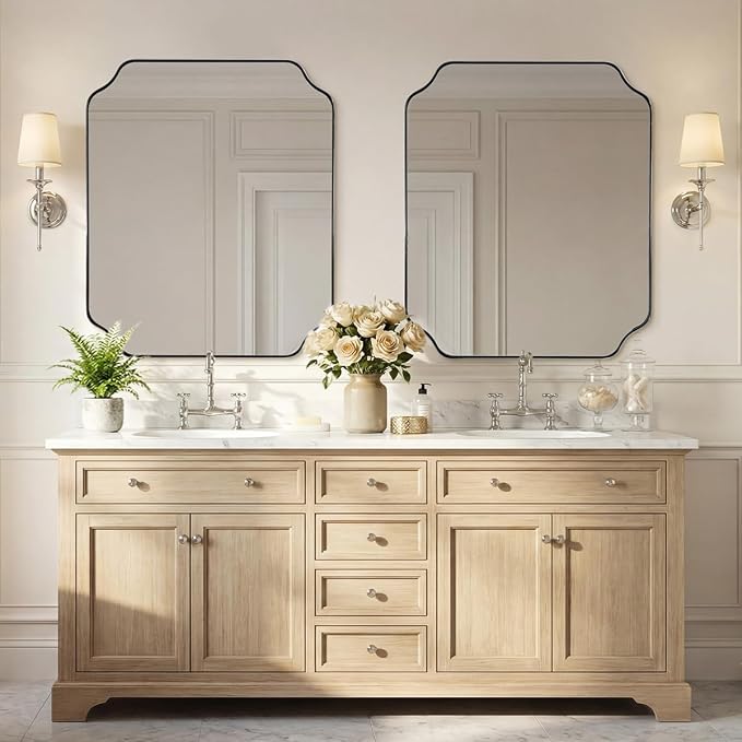 30x36 Inch Chrome Bathroom Mirror, Polished Nickel Vanity Mirror, Scalloped Mirror in Anti-Rust Stainless Steel Metal Thin Frame, Unique Rounded Notched Corners, Vertically/Horizontally