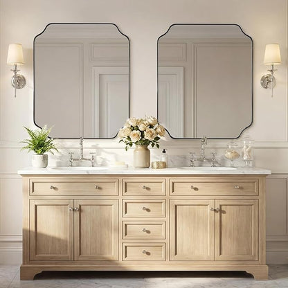 30x36 Inch Chrome Bathroom Mirror, Polished Nickel Vanity Mirror, Scalloped Mirror in Anti-Rust Stainless Steel Metal Thin Frame, Unique Rounded Notched Corners, Vertically/Horizontally