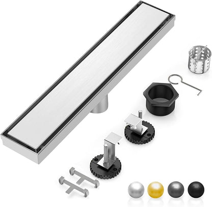 DLONE® Linear Shower Drain - 18 Inch Brushed Nickel, with Tile Insert Panel | AISI 304 Stainless Steel Linear Drain, Rectangle Shower Floor Drain, with Adjustable Feet, Fits Bathroom & Balcony etc