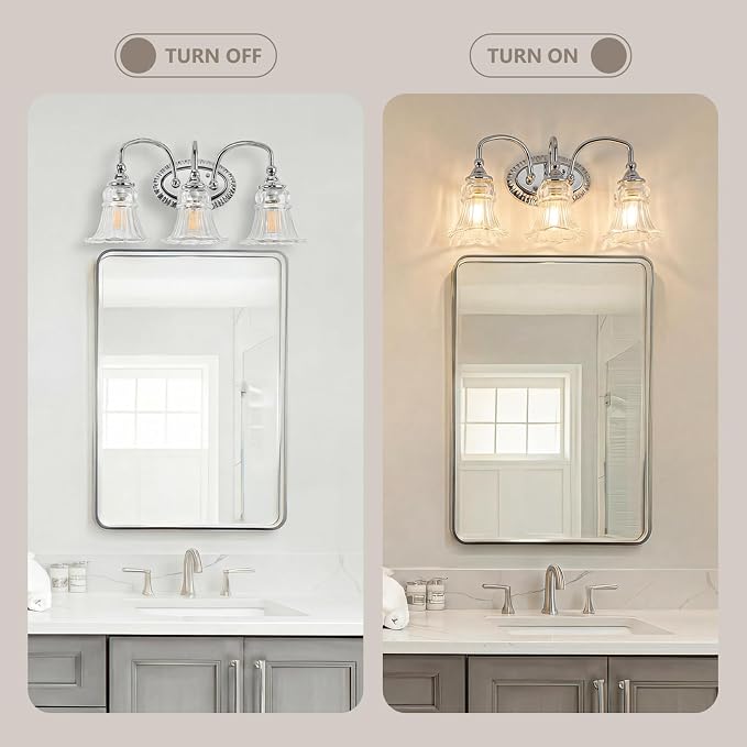 3-Light Vintage Bathroom Light Fixtures, Chrome | Vanity Lights Over Mirror with Floral Glass Shade for Bathroom Powder Room, Living Room Hallway