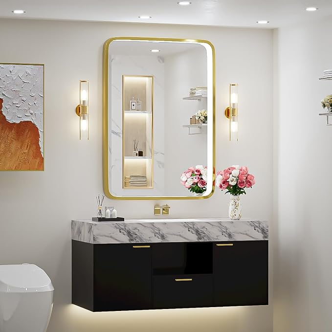 LED 36x24 Inch Lighted Bathroom Mirror,Gold Frame,3 Color | ETL Listed,Anti-Fog,3000K/4500K/6000K Dimmable,Horizontal & Vertical,Wall Mounted,Memory Function,Ideal for Bathroom,Vanity