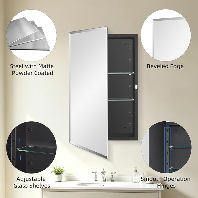 IDYLLOR Black Bathroom Medicine Cabinet with Beveled Edge Mirrored Door 16 x 26 inch, Recessed or Surface Mount, with Adjustable Glass Shelves