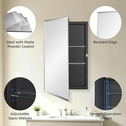 IDYLLOR Black Bathroom Medicine Cabinet with Beveled Edge Mirrored Door 16 x 26 inch, Recessed or Surface Mount, with Adjustable Glass Shelves