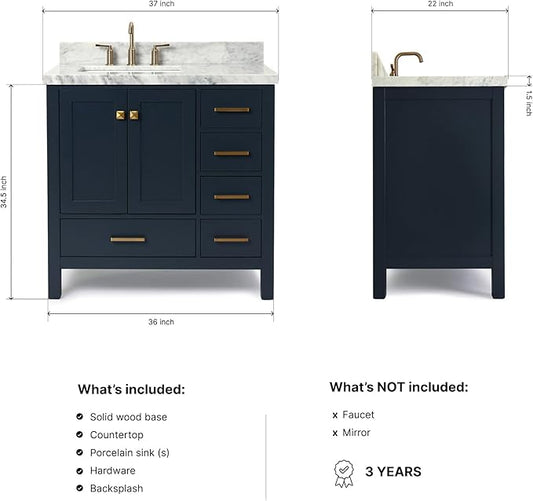 ARIEL Cambridge 36-inch Bathroom Vanity with Sink,Solid Wood, 1.5-inch Italian Carrara Marble Countertop, Single Rectangular Porcelain Sink, 2 Soft Closing Doors, 5 Dovetail Drawers, Midnight Blue