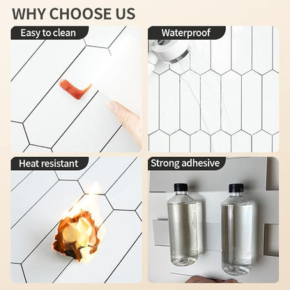 DICOFUN 1 Sheet Polished White Long Hexagon Peel and Stick Backsplash, 12"x12" PVC Stick on Backsplash Wall Tiles for Kitchen and Bathroom