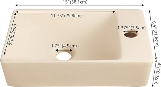 JONATHAN Y SNK1004G-R Felix 15 in. W x 8 in. D Modern Wall Mounted Rectangular Ceramic Mini Sink Basin, Right-Side Faucet, Matte Beige