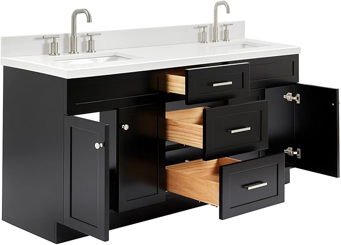 DKB Bradford 72 Inch Bathroom Vanity Double Sink — Black Bathroom Vanity with Sink, 1.5" Edge Pure White Quartz Countertop & Backsplash, 4 Soft-Close Doors, and 3 Dovetail Drawers