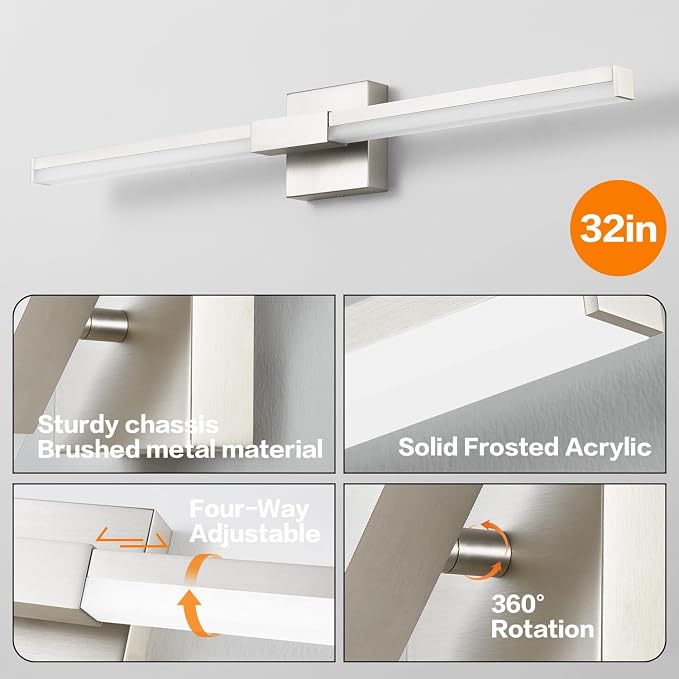 SOLFART Vanity Lighting Fixtures Dimmable: Brushed Nickel 32-Inch Detachable 4-Way Light Direction Bathroom Light Fixtures Over Mirror ETL IP44
