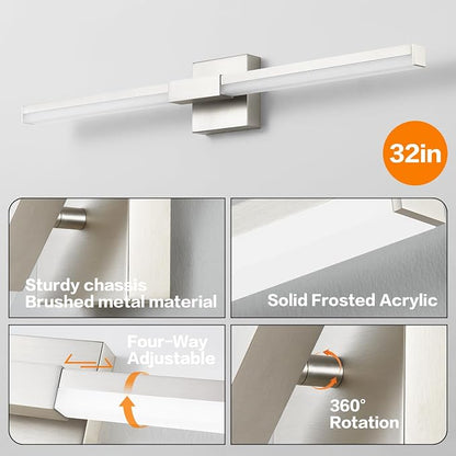 SOLFART Vanity Lighting Fixtures Dimmable: Brushed Nickel 32-Inch Detachable 4-Way Light Direction Bathroom Light Fixtures Over Mirror ETL IP44
