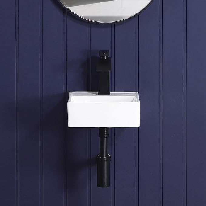 Small Vessel Sink 11"x12" Wall Mount Bathroom Sink Wall Mounted Rectangular Wall Hung Mini White Porcelain Ceramic Floating Tiny Sink,Easy Install, Durable, Space-Saving, Ideal for Home,RV