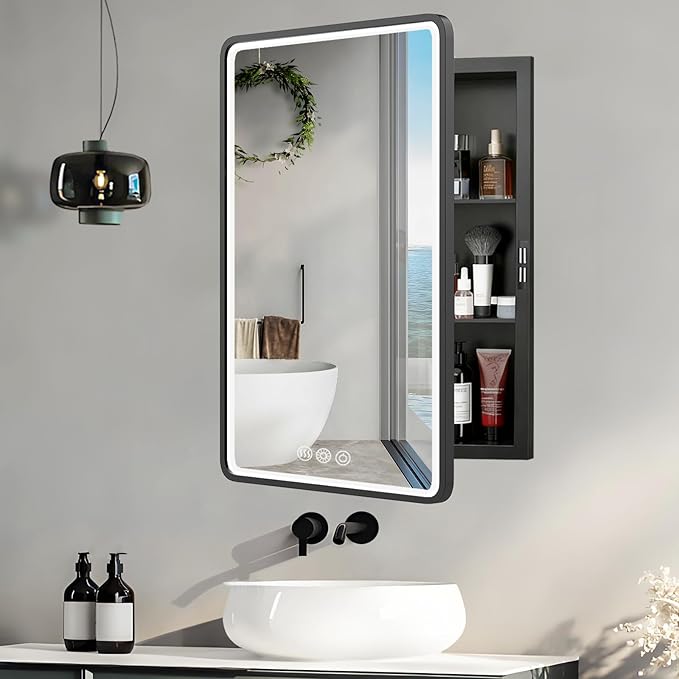 LED Medicine Cabinet Mirror for Bathroom 20x26 Inch, Recessed Medicine Cabinets with Lights, Anti-Fog Bathroom Mirror with Storage, Black Metal Frame, Adjustable Shelves, 3 Color Dimming