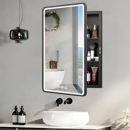 LED Medicine Cabinet Mirror for Bathroom 20x26 Inch, Recessed Medicine Cabinets with Lights, Anti-Fog Bathroom Mirror with Storage, Black Metal Frame, Adjustable Shelves, 3 Color Dimming