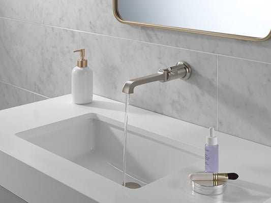 Delta Tetra Wall Mount Bathroom Faucet 1 Hole, Brushed Nickel Single Hole Bathroom Sink Faucet for Vanity, Lumicoat Stainless T3589LF-SS-PR-WL (Valve Not Included)