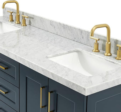 Emilia 66" Midnight Blue Double Bathroom Vanity with Sink, 1.5" Edge Italian Carrara Marble Countertop, Rectangular Sinks, 4 Soft Close Doors, 6 Dovetail Drawers
