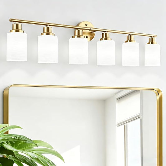 6-Light Vanity Lights, Brushed Gold Bathroom Light Fixture with Striped Textured Milky White Glass Shade, E26 Wall Sconce, Modern Vanity Lighting Fixture for Bathroom Wall Light Over Mirror