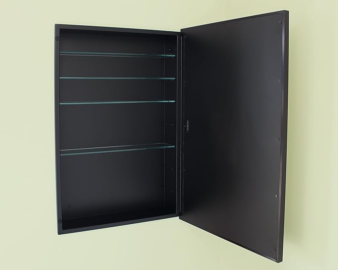 Fox Hollow Furnishings 20x30 Harper Crescent Metal Framed Rectangle Recessed Bathroom Medicine Cabinet, Arced Mirror, 14x18 in-Wall Opening, Adjustable Glass Shelves, Magnet Close, Black