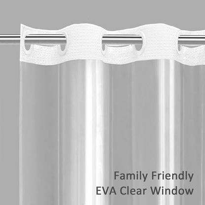 No Hook Shower Curtain with Fabric Liner White Hotel Waffle 75" L x 72" W,EVA Clear Window Shower | Washable Snap in Fabric Liner, Mesh Top Window, Waffle Hotel Style Shower Curtain Set