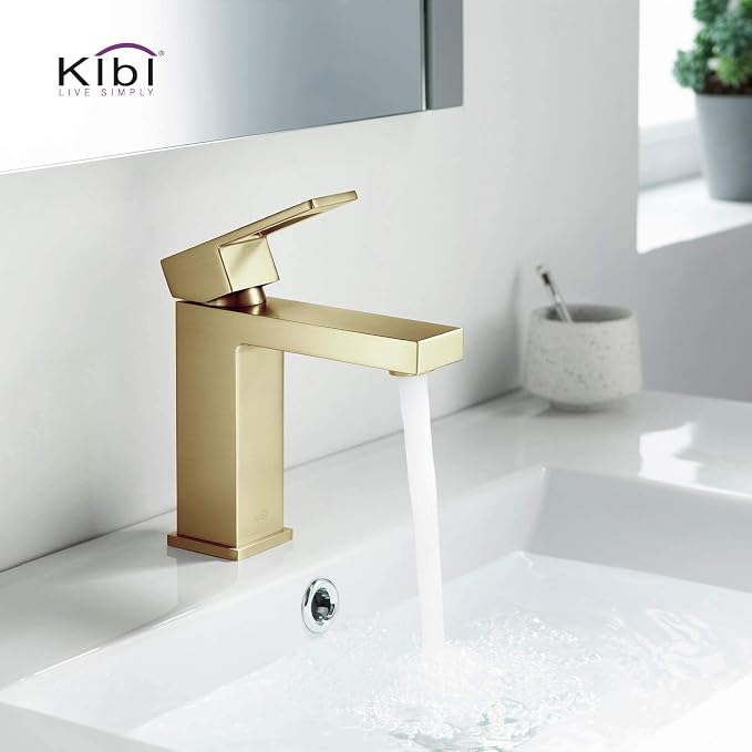 Solid Brass Single Handle Bathroom Sink Faucet with Pop-Up Drain, High Arc Cubic Spout Lavatory Faucet in Brushed Gold | Corrosion-Resistant, Modern Design (Brushed Gold, KBF1002)