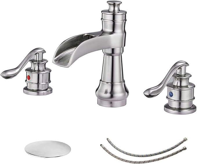 BWE 8 Inch Widespread Bathroom Faucet with Pop Up Drain with Overflow and Supply Line Waterfall 3 Holes Two-Handle Sink Faucets Brushed Nickel Lavatory Mixer Tap