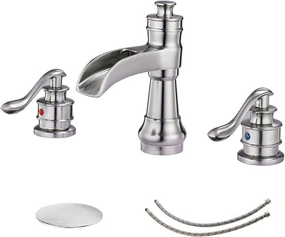 BWE 8 Inch Widespread Bathroom Faucet with Pop Up Drain with Overflow and Supply Line Waterfall 3 Holes Two-Handle Sink Faucets Brushed Nickel Lavatory Mixer Tap