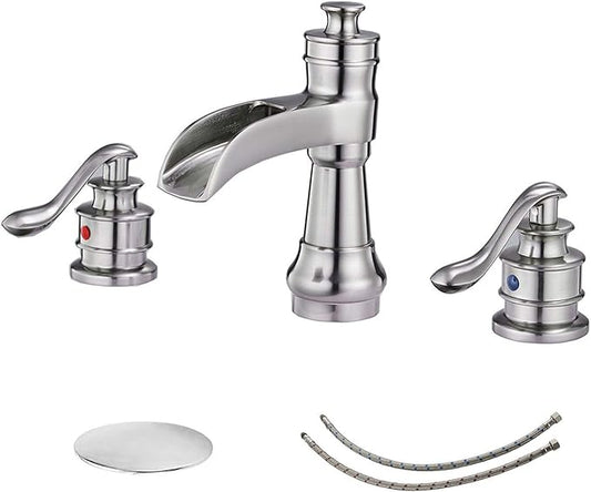 BWE 8 Inch Widespread Bathroom Faucet with Pop Up Drain with Overflow and Supply Line Waterfall 3 Holes Two-Handle Sink Faucets Brushed Nickel Lavatory Mixer Tap