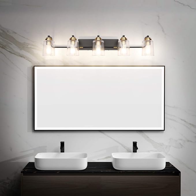 SOLFART Vintage Vanity Lights for Bathroom 5 Light Bathroom Vanity Light Black Metal with Clear Glass Brass Fixtures Wall Mount Lighting Wall Sconce