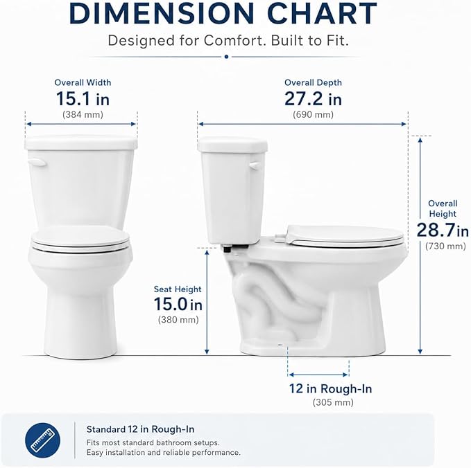 Space Saving 15 Inch Round Front Two Piece Toilet, Compact Side Flush White Ceramic Commode for Small Bathroom, 1.28 GPF Siphonic Flush, Soft Close Seat, cUPC, 12 Inch Rough-In