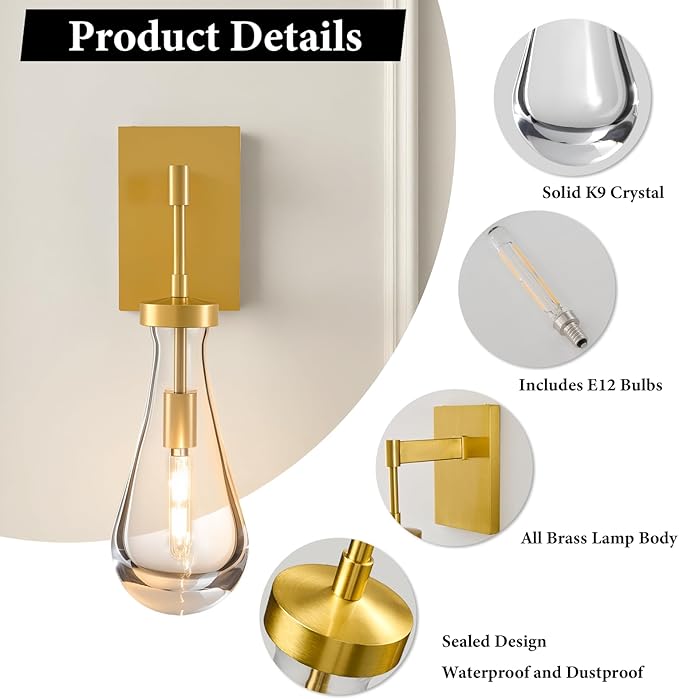 Raindrop Brass Crystal Wall Sconce: Clear Solid Indoor Sconces with Bulbs - Dimmable Vanity Lamp - Luxury Modern Gold Light Fixtures for Bedroom Living Room Bathroom Hallway Bedside Lighting