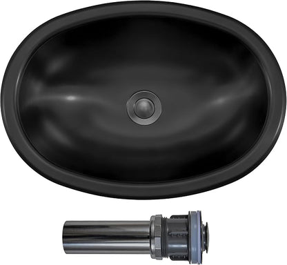 LQS Black Oval RV Sink, 16.73 x 11.81 Inch Stainless Steel RV Bathroom Sink | Drop-In RV Kitchen Sink for Campers, Compact Black Bathroom Sink with 5.12-Inch Bowl and Pop-Up Drain Assembly Included