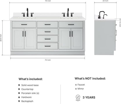 DKB Isabella 72 Inch Bathroom Vanity Double Sink — Grey Bathroom Vanity with Sink, 1.5" Edge Pure White Quartz Countertop, 4 Soft-Close Doors, 4 Dovetail Drawers, and 2 Tilt Drawers