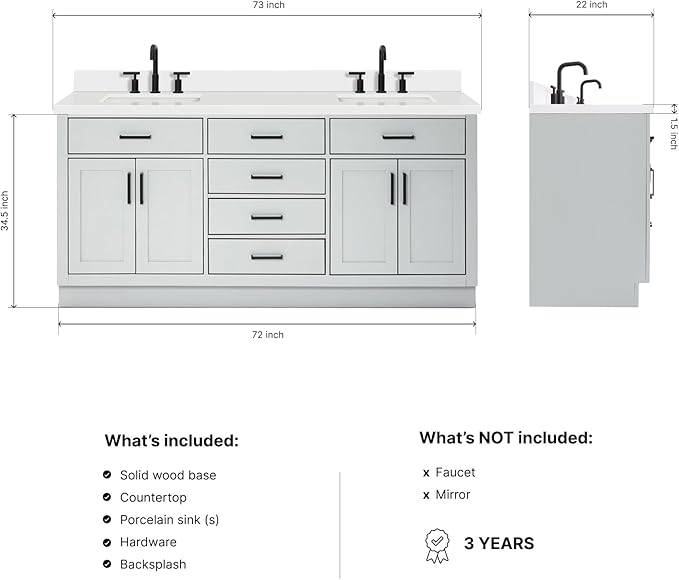 ARIEL Hepburn 72-inch Bathroom Vanity with Sink,Solid Wood, 1.5-inch Pure White Quartz Countertop & Backsplash, Double Rectangular Porcelain Sink, 4 Soft Closing Doors, 6 Dovetail Drawers, Grey