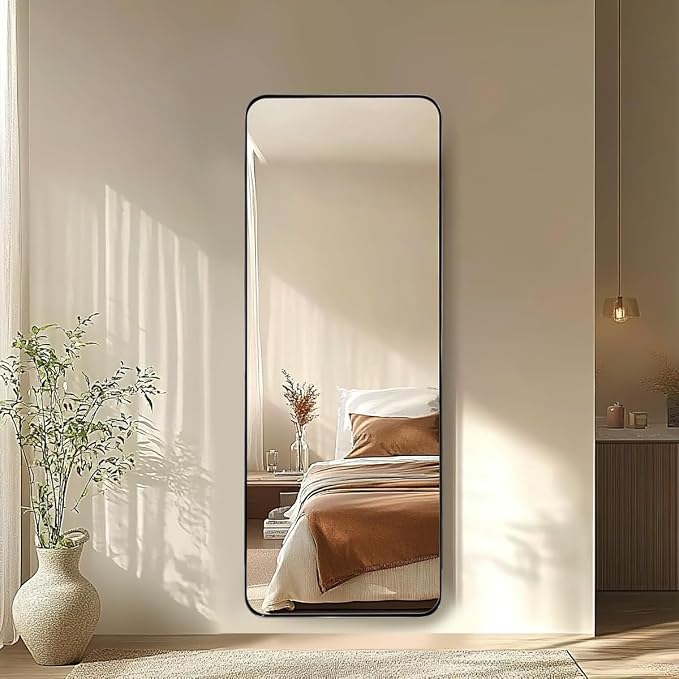 18" x 48" Full Length Wall Mirror, Large Polished Chrome Mirror for Bathroom, Rounded Corner Rectangle Body for Floor and Leaning