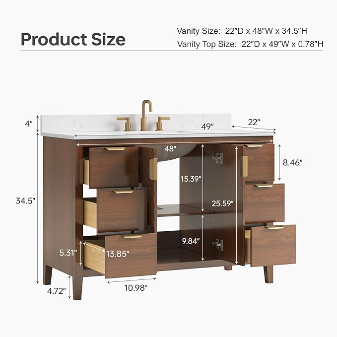 48" Walnut Bathroom Vanity with Sink, No Assembly Required | Solid Wood Bathroom Vanities with Soft Close Doors & Dovetail Drawers, Modern Bathroom Sink Cabinet, 0.78" Stone Top