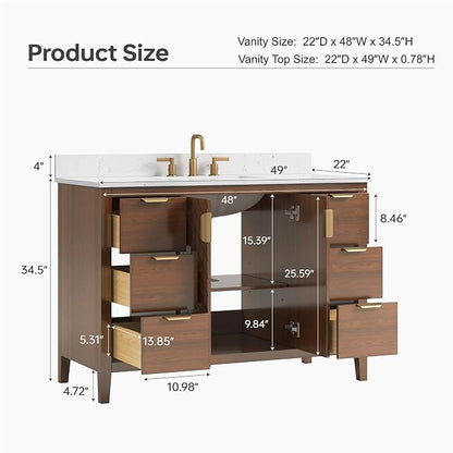 48" Walnut Bathroom Vanity with Sink, No Assembly Required | Solid Wood Bathroom Vanities with Soft Close Doors & Dovetail Drawers, Modern Bathroom Sink Cabinet, 0.78" Stone Top