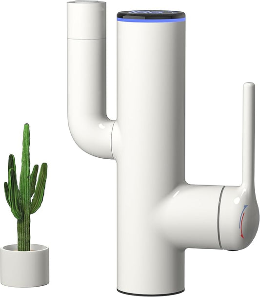 Cactus Bathroom Faucet – Single Hole Basin Tap with Water-Powered LED Temperature Display, 360° Swivel, 2 Water Modes, Easy DIY Install, Cream White