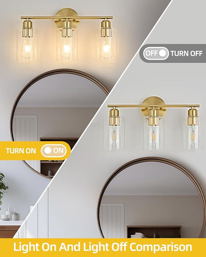 3Light Modern Vanity Lights - Gold, Clear Glass Shade, Wall Sconce for Bathroom & Bedroom, 2 Pack