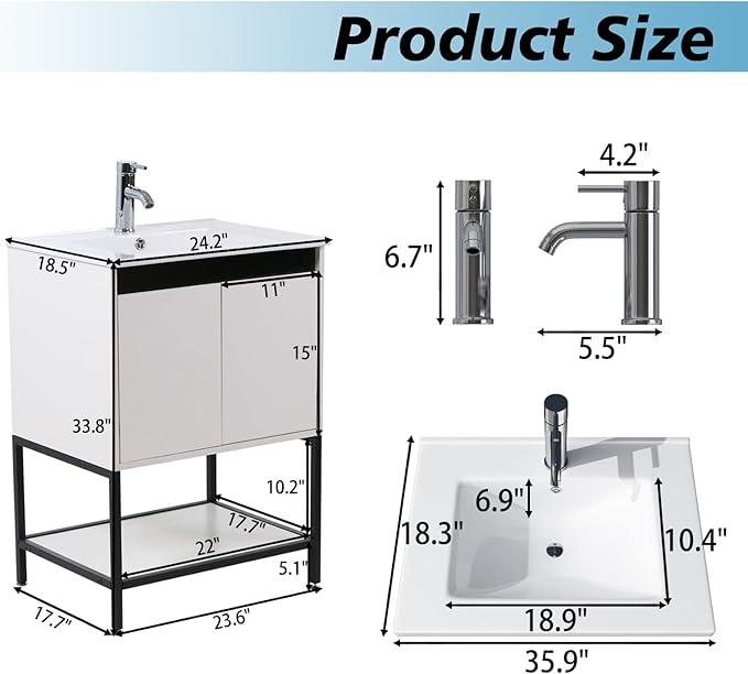 wonline 24” Bathroom Vanity with Ceramic Sink, Bathroom MDF Cabinet with White Wash Basin and Modern Design Chrome Faucet for Small Space