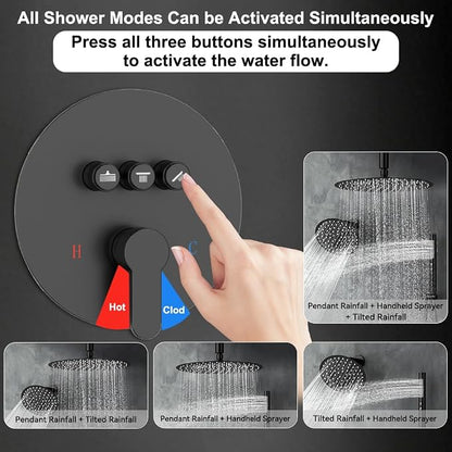Shower Systems Round Shower Faucet Sets,12+6" Dual Rainfall Shower head with 2 in 1 Handheld Spray, Ceiling Mount Push Button Shower Set with Valve and Trim Kit Matte Black,Can Use All at Once