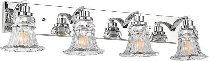 Vintage 4-Light Bathroom Vanity Light, Chrome Bathroom Light Fixtures with Floral Clear Glass Shades, Antique Wall Sconce Fixtures for Dressing Table, Bedroom