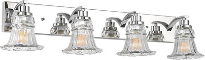 Vintage 4-Light Bathroom Vanity Light, Chrome Bathroom Light Fixtures with Floral Clear Glass Shades, Antique Wall Sconce Fixtures for Dressing Table, Bedroom