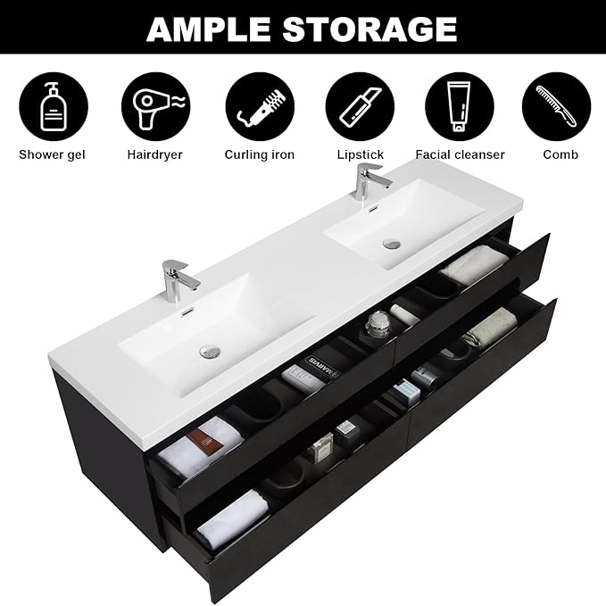 Wall Mounted 72 Inch Bathroom Vanity with Sink, Floating Vanity Bathroom, Double Sink Bathroom Vanity, 4 Drawers, Resin Integrated Sink (Glossy Black)