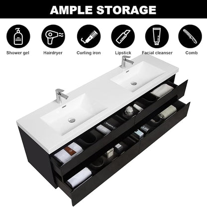 Wall Mounted 72 Inch Bathroom Vanity with Sink, Floating Vanity Bathroom, Double Sink Bathroom Vanity, 4 Drawers, Resin Integrated Sink (Glossy Black)