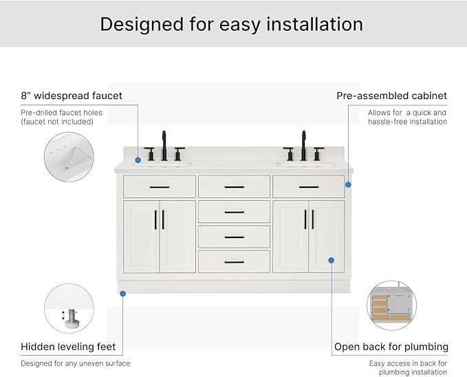 ARIEL Hepburn 66-inch Bathroom Vanity with Sink,Solid Wood, 1.5-inch Pure White Quartz Countertop & Backsplash, Double Rectangular Porcelain Sink, 4 Soft Closing Doors, 6 Dovetail Drawers, White