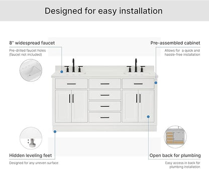 ARIEL Hepburn 66-inch Bathroom Vanity with Sink,Solid Wood, 1.5-inch Pure White Quartz Countertop & Backsplash, Double Rectangular Porcelain Sink, 4 Soft Closing Doors, 6 Dovetail Drawers, White