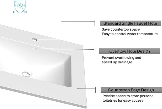 31" W x 22" D Solid Surface Polyurethane Resin Streamline Vanity Top with Sink, Durable, Consistent Color, Easy-to-Clean, Built-in Overflow (Solid Surface Resin Vanity Top)