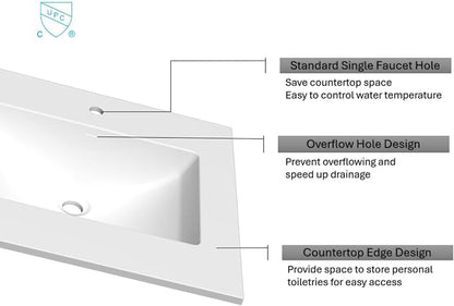 37" x 22" Solid Surface Resin Vanity Top with Integrated Sink and Backsplash, Matte White Countertop, Single Faucet Hole, Built-In Overflow