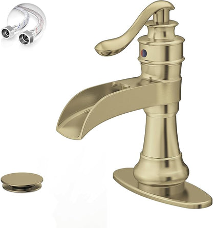 Bathroom Sink Faucet Waterfall Brushed Gold Single Handle | Pop Up Drain,Easy to Clean,Stable Installation,Suitable for bathrooms, balconies and laundry room,Elegant Minimalist Style