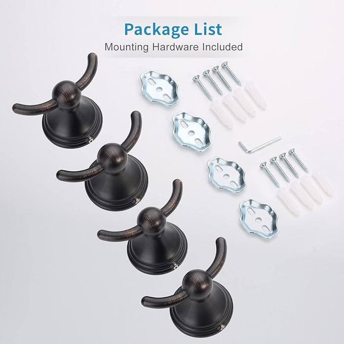 FILTA Bathroom Towel Hooks, Oil Rubbed Bronze Robe & Towel Hooks for Wall Mounted, Traditional Towel and Robe Hooks for Hanging Towels, Bath Towel Holder for Shower(4 Pack)